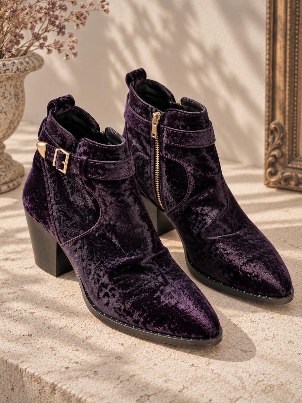 Topshop Premium Purple Velvet Western Ankle Boots EU 40
